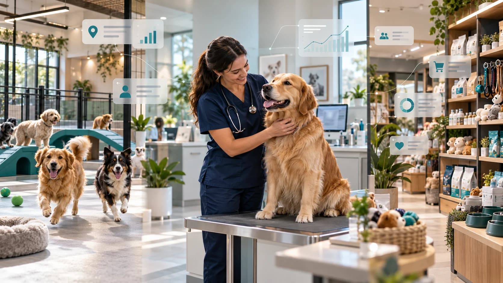 Veterinary professional caring for a dog in a modern pet care clinic with marketing analytics overlays