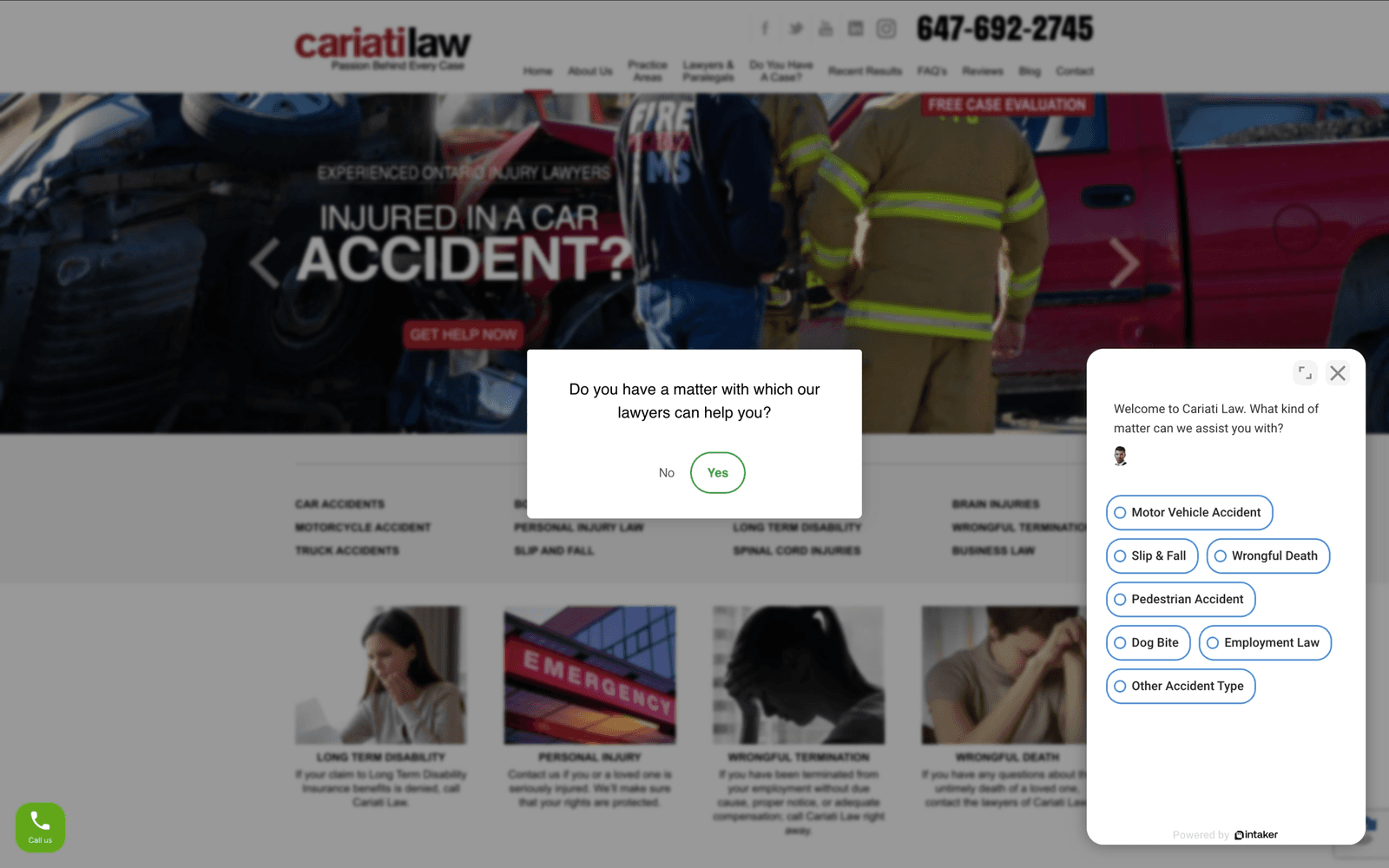 Cariati Law website with the integrated chatbot assistant open