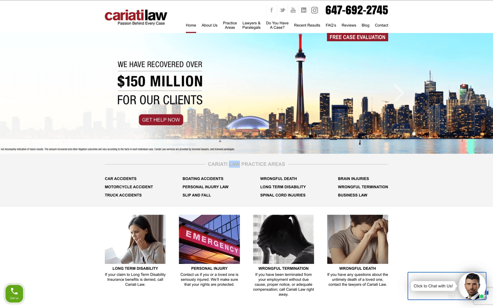 Cariati Law homepage highlighting over 150 million dollars recovered for clients