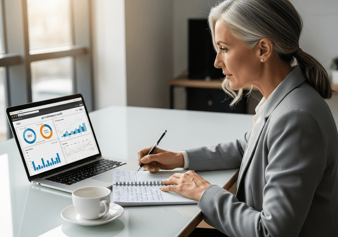 Senior Software Pro Digital strategist reviewing a website marketing audit with SEO and traffic charts