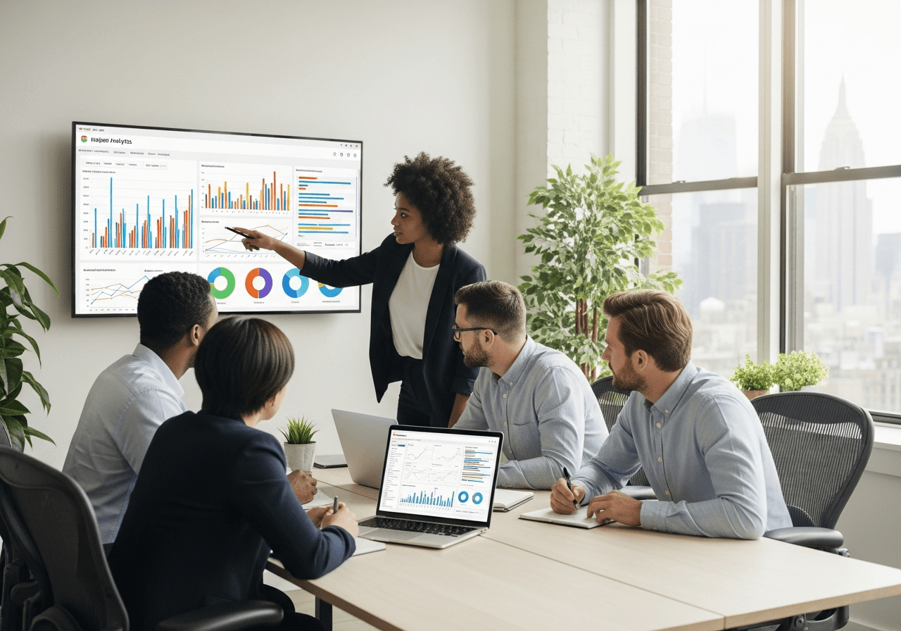 Software Pro Digital strategists reviewing campaign analytics alongside agency partners in a New York office