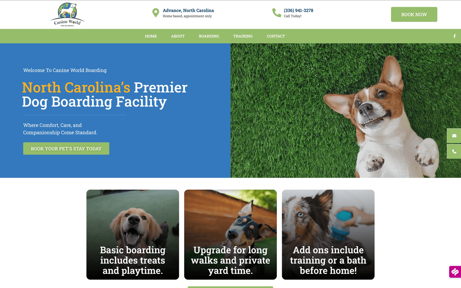 Canine World Boarding homepage presenting North Carolina dog boarding services