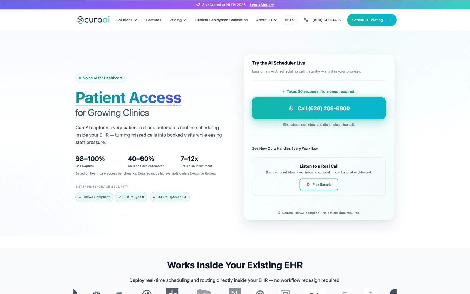 CuroAI homepage highlighting AI patient access for growing clinics