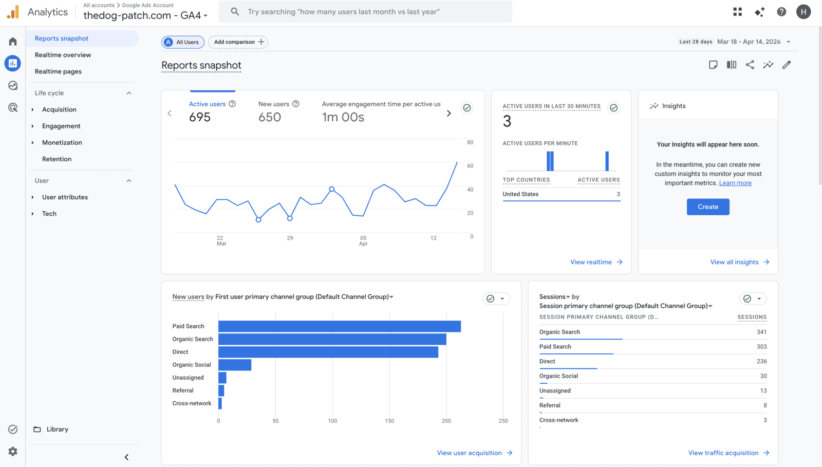 Google Analytics 4 reports snapshot for thedog-patch.com
