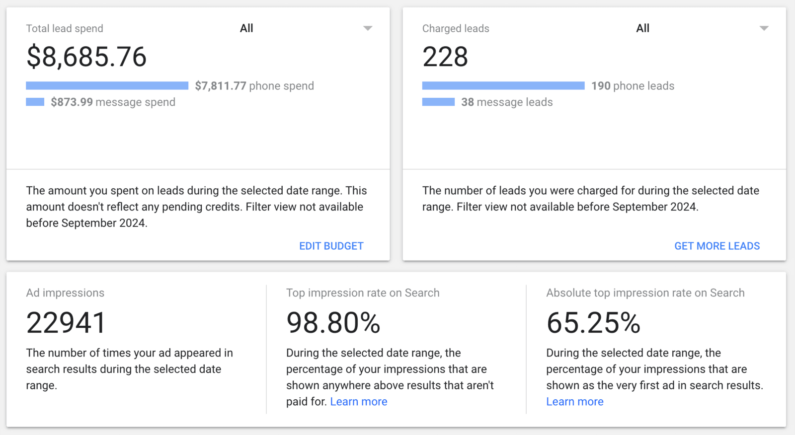 Local Services Ads dashboard showing 228 charged leads