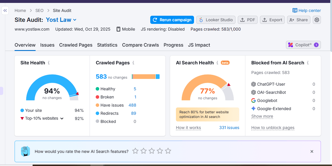 Site audit showing 94 percent site health for yostlaw.com